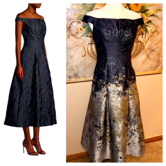 Sz 2 Kay Unger Carina Tea Length Formal Dress Navy Blue, Silver & Gold Metallic - Picture 1 of 16